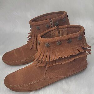 MINNETONKA Brown Suede Double Fringe Zip Flat Boho Western Moccasin Ankle Bootie
